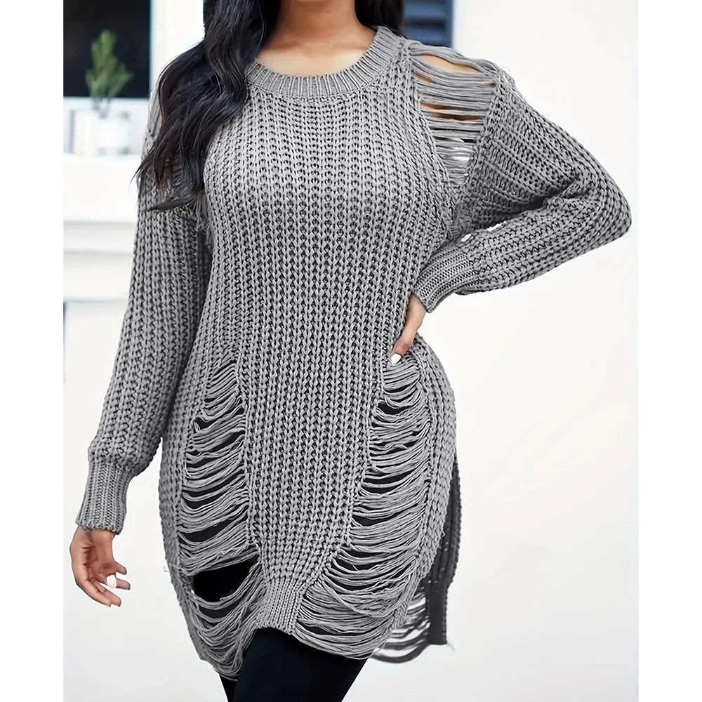 

Women Vintage Knitted Medi Sweater Tassel Hollow Long Sleeve Holes Pullover O-Neck Hand Frayed Woman Female Casual Knitwear