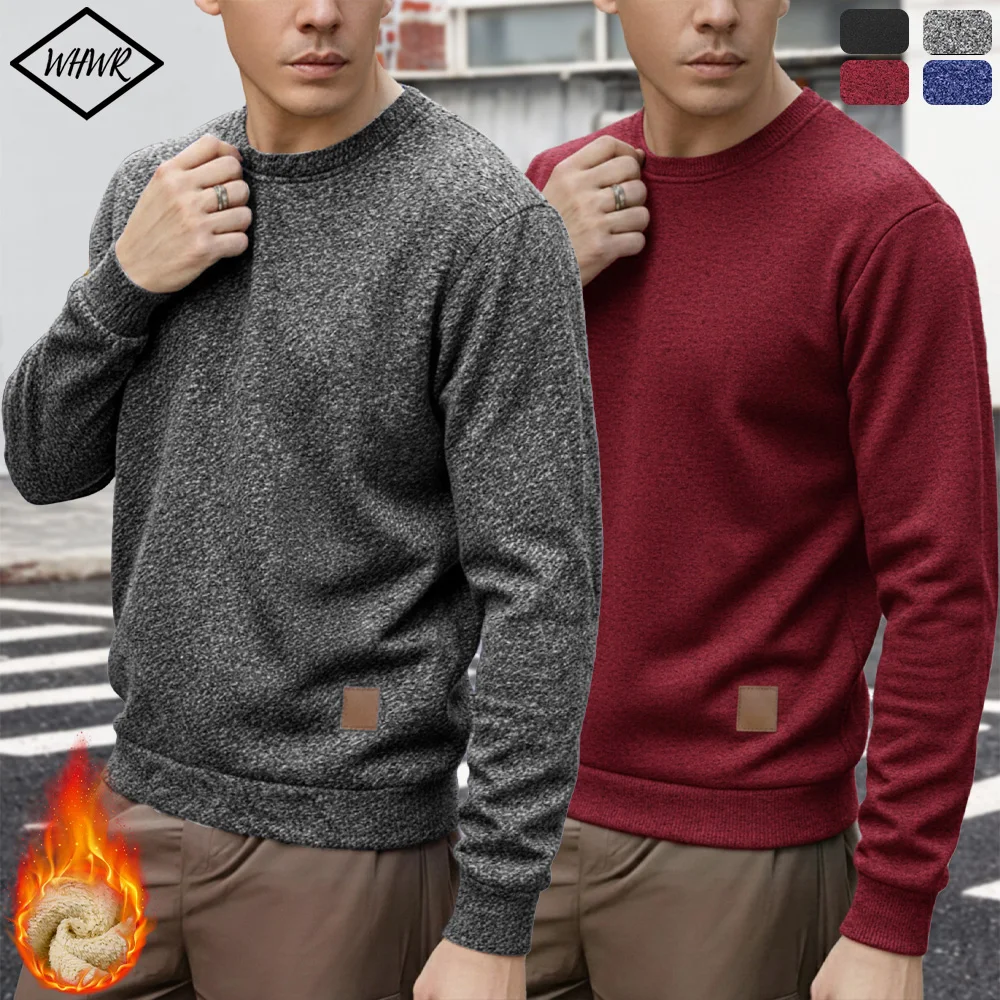 

Зимний мужской теплый пуловер на флисовой подкладке с круглым вырезом, повседневные модные свитера, толстовка с длинными рукавами, уличная мужская одежда