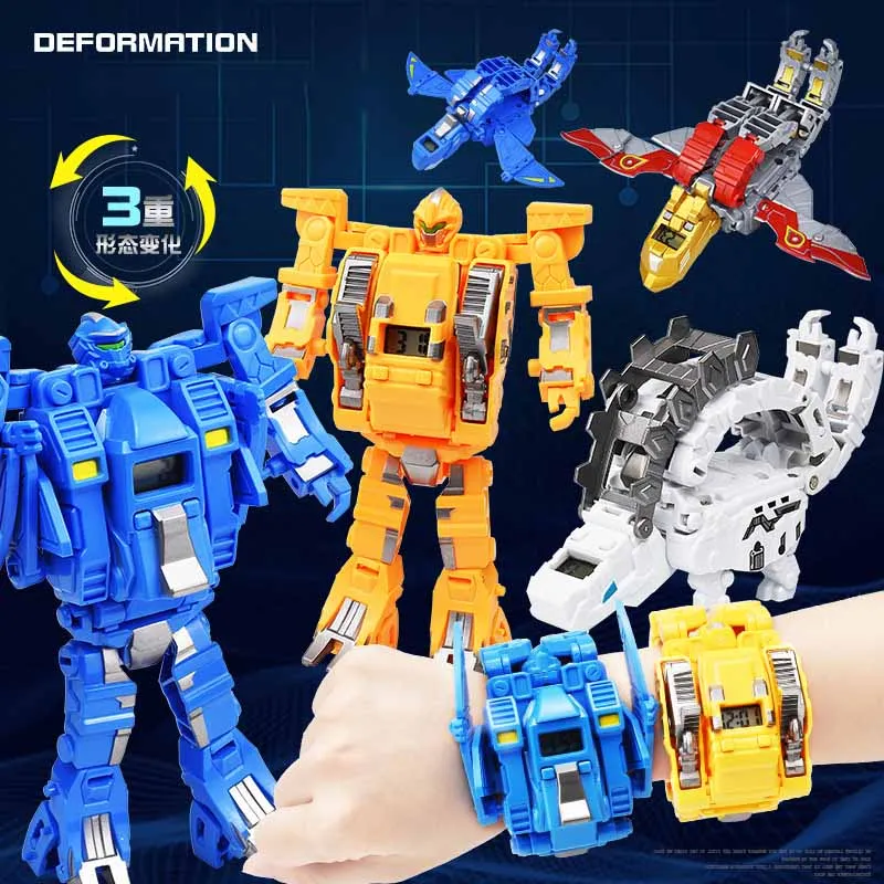 New Dinosaur Mechanical Deformation Watch Robot Toy 3 In 1 With Electronic Watch Children Cognitive Time Toy Boy Gifts