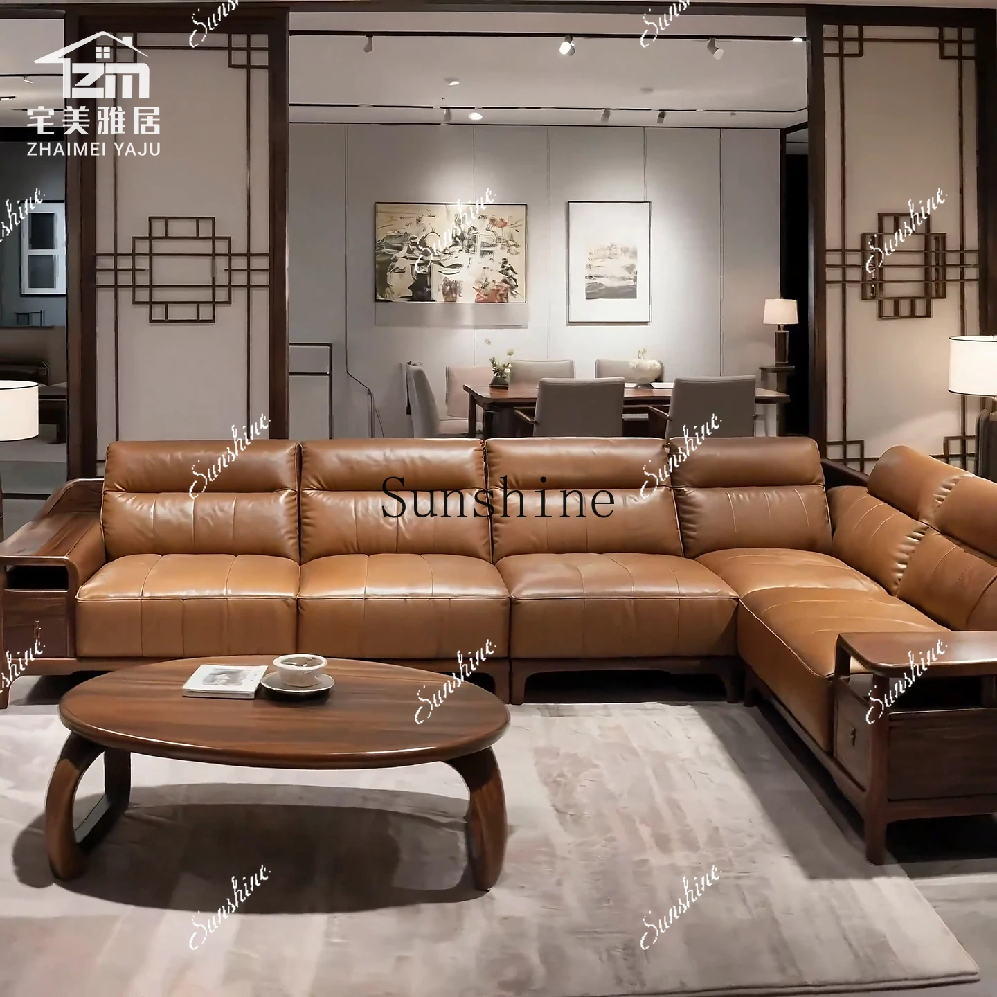 Light luxury all-solid wood leather sofa modern new Chinese villa model room furnitureY