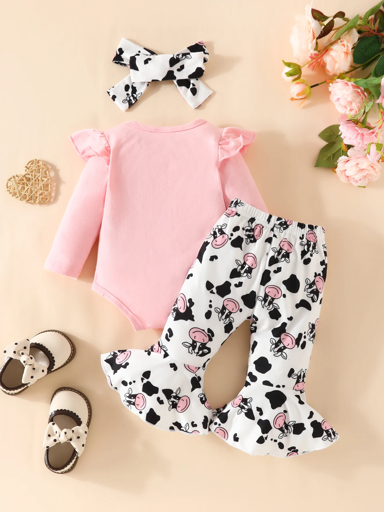 Cute Cow Print Outfit - Long Sleeve Flutter Sleeve Infant Romper +Bowknot Flared Trousers + Headband Baby Girls 3pcs Set