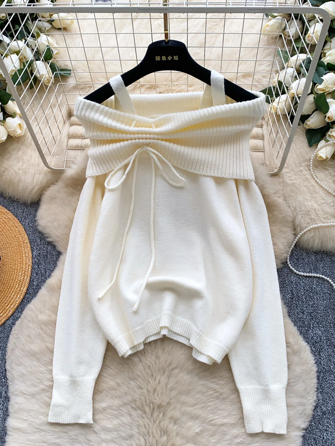 

Sweet Heart Casual Long Sve Knitted Sweater Women's Lazy Sle Loose Knitted Top oulder Bared Dstring Collar Splice