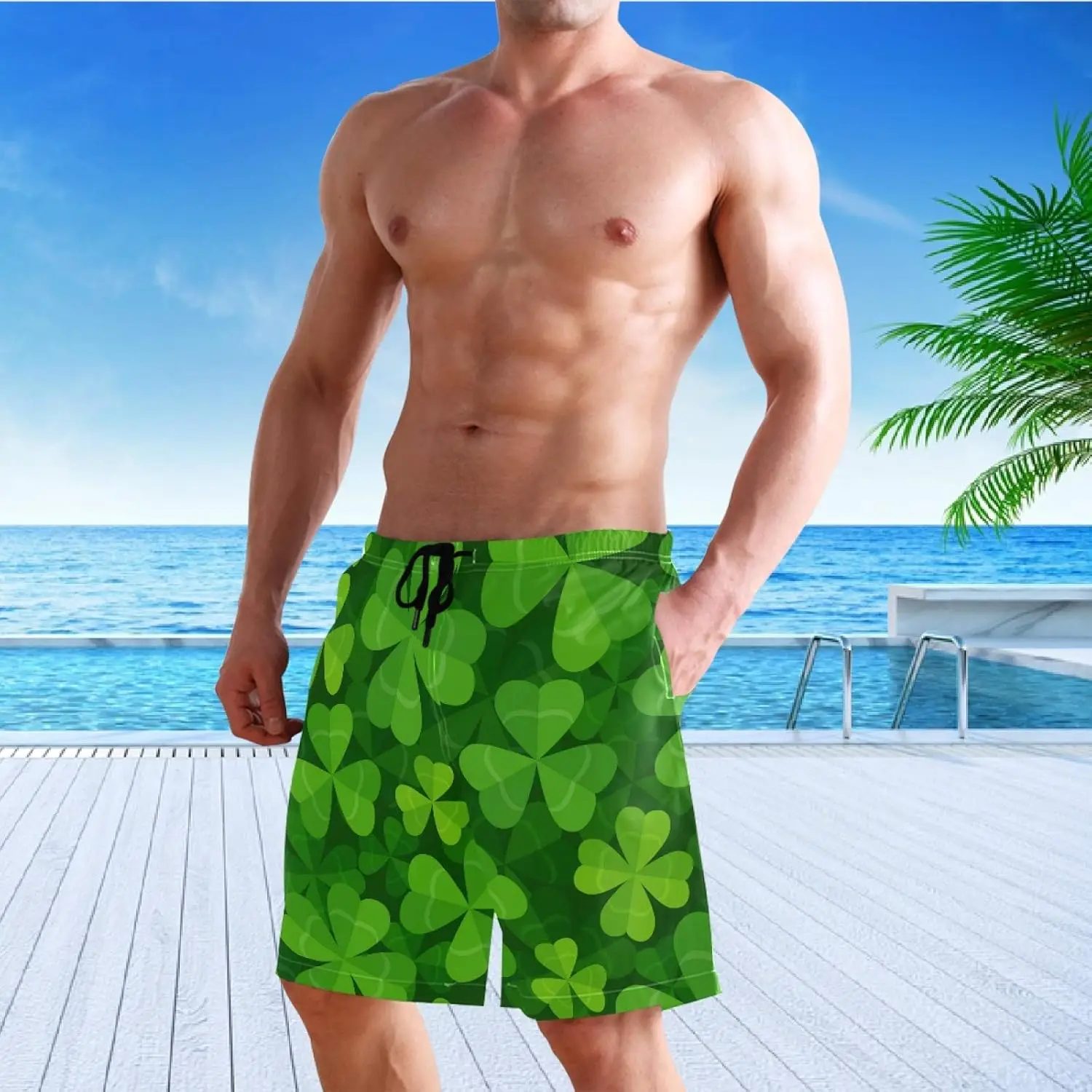 Clovers Green Men's Beach Short Swim Trunks Happy St Patricks Day Green Leaf Sports Running Bathing Suits