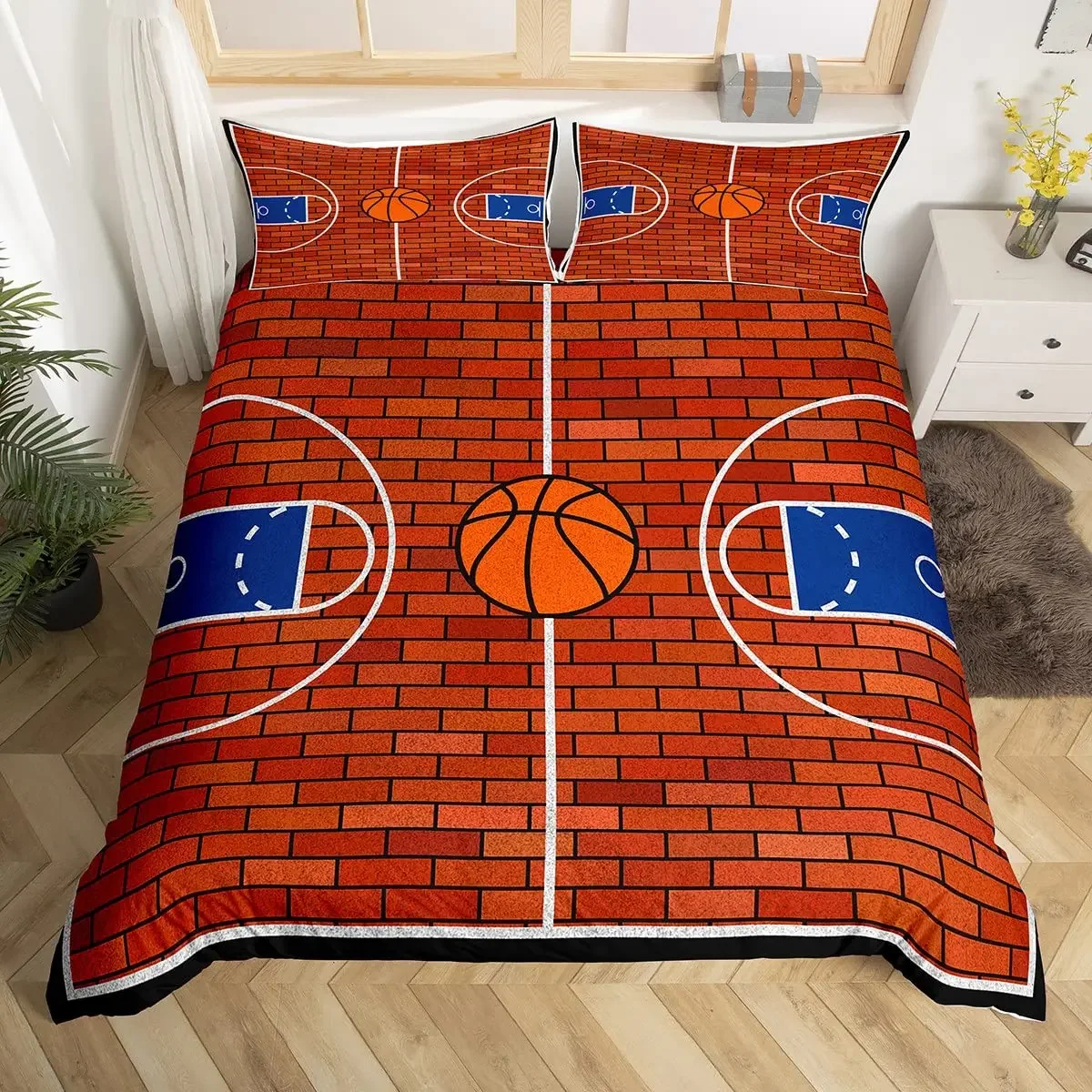 Basketball Court King  Queen Duvet Cover Red Brick Wall Background Polyester Comforter Cover Retro Sports Ball Games Bedding Set