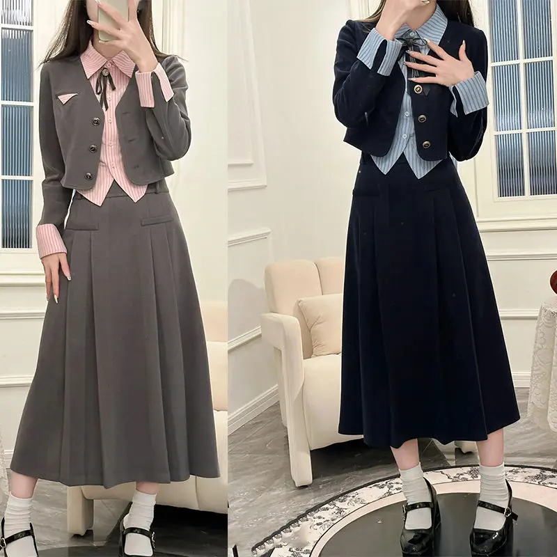 

Korean Fashion Autumn New Women Two Piece Skirt Sets Patchwork Long Sleeve Short Jacket + High Waist A Line Long Skirt Outfits