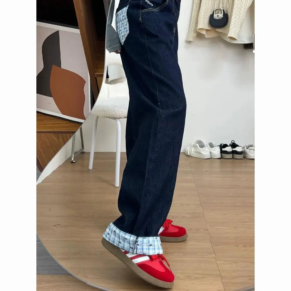 Amerykańskie jeansy w kratę w stylu retro, z szerokimi nogawkami, damskie, luźny krój, wyszczuplające, długie spodnie, nowość na wiosnę, wysoki stan, do pracy.