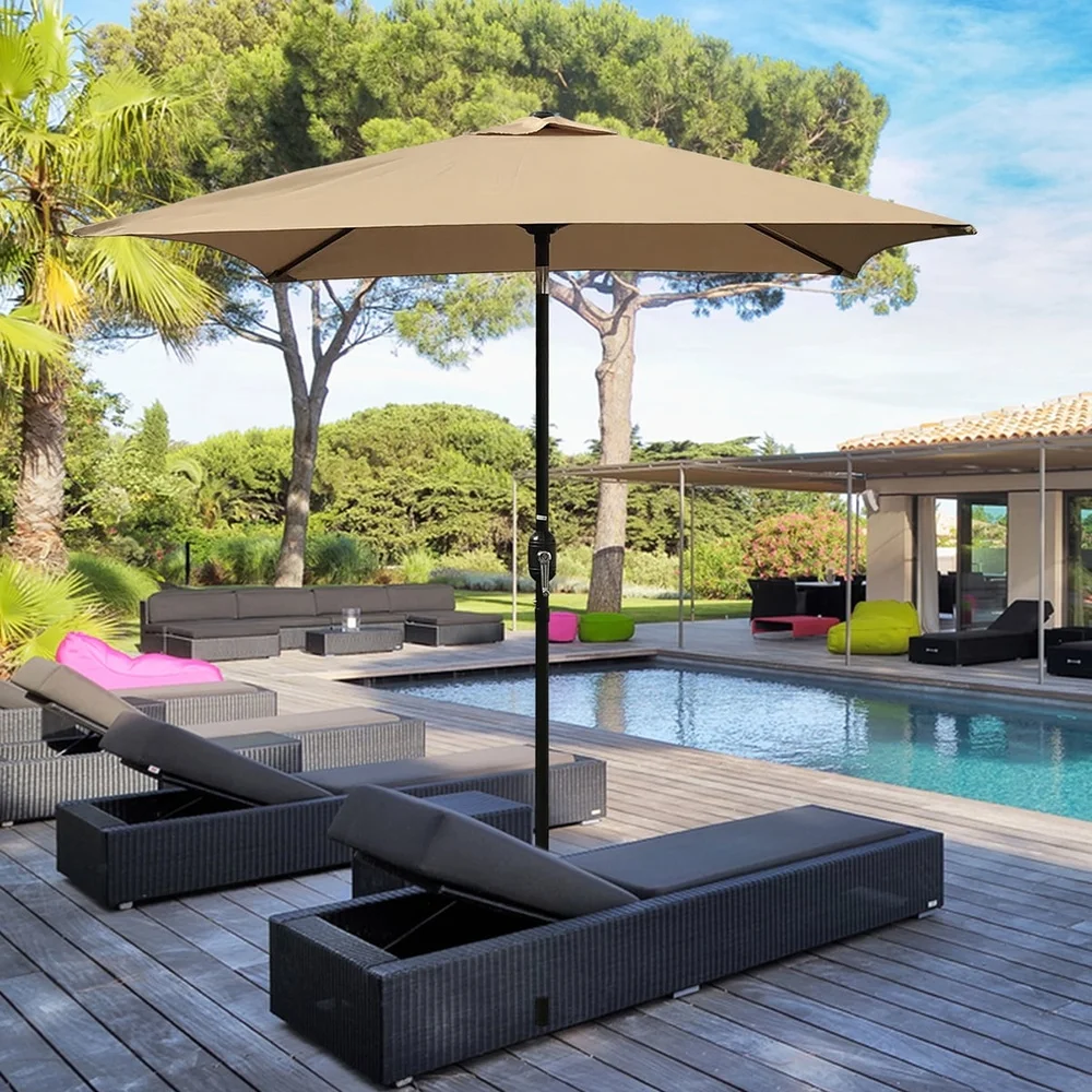 82 Inch Beige Rectangular Patio Umbrella Air Vent Top Steel Frame Crank Tilt Easy Open Weather Resistant Outdoor Canopy