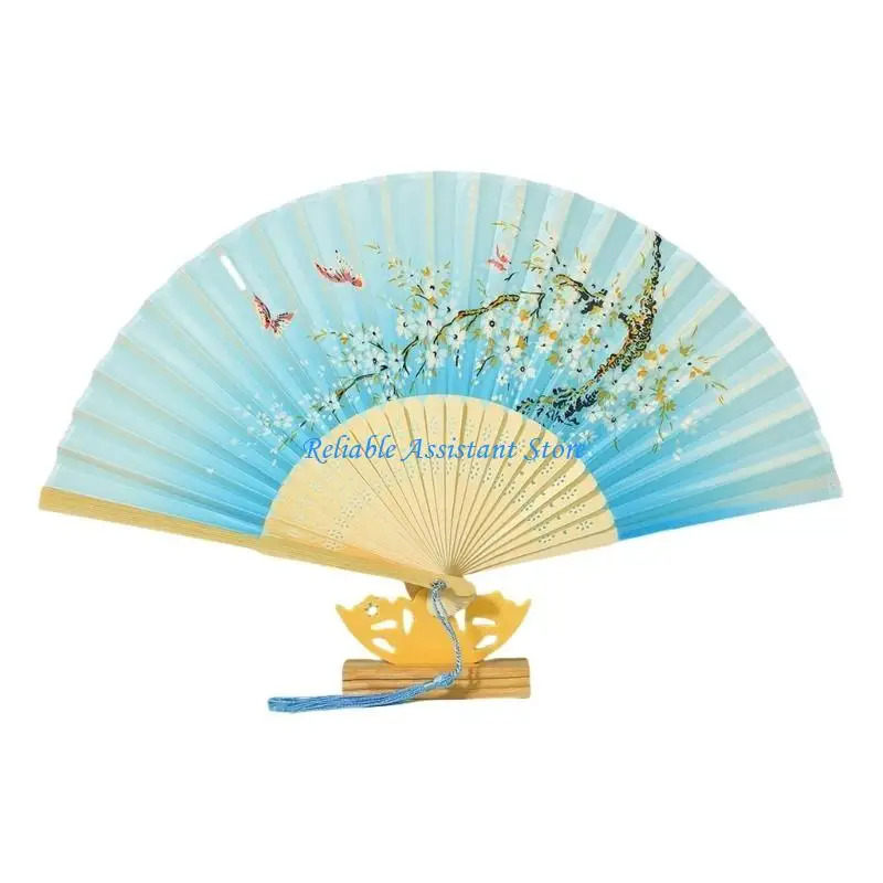 N58C Fan soie portable Styles chinois Decors Home Decors Dance accessoires Tassels Fan pliant