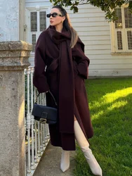 Elegant Burgundy Long Sleeve Scarf Woolen Overcoat Causal Loose With Belt Long Coats 2024 New Lady High Street Outwear