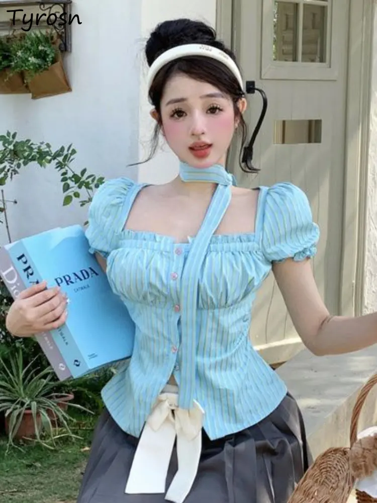 Shirts Women Striped Design Slim Fashion Sexy All-match Summer Leisure Sweet Folds Tender Square Collar Korean Style Elegant New