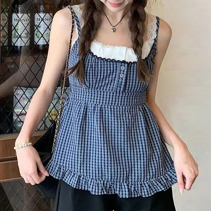 Women Plaid False Two-piece Camisole Harajuku Vests Summer Y2k Aesthetic Crop Tops Fashion Casual Sleeveless Tank Tops