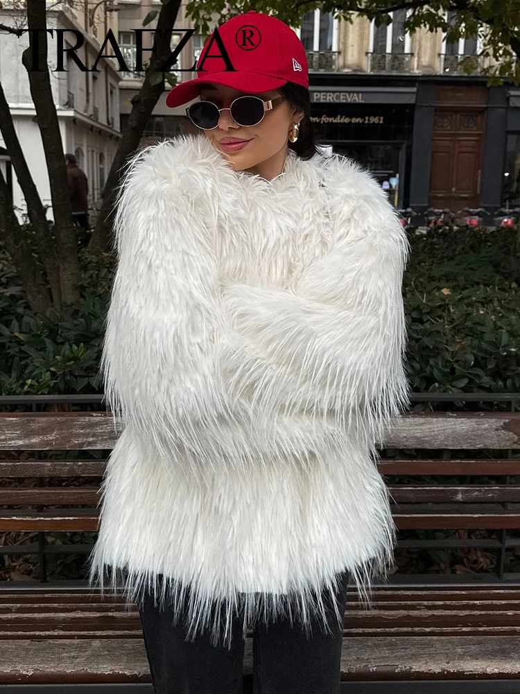 TRAFZA Winter Autumn Women Elegant Faux Fur Coat Round Collar Long Sleeve Thick Warm Jacket Female White Pockets Outerwear Mujer