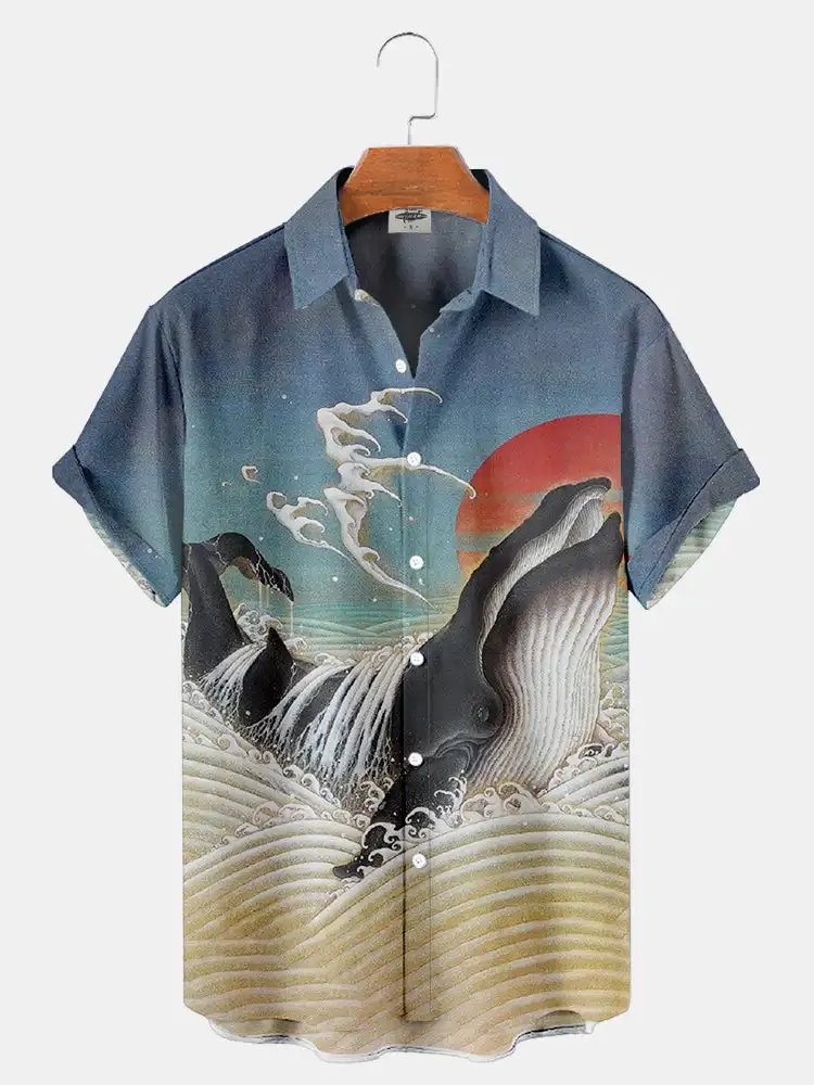 2024 Nieuwe Ukiyoe Print Heren Overhemd Zomer Revers Shirt Heren Casual Single-Breasted Korte Mouwen Heren Mode Shirt