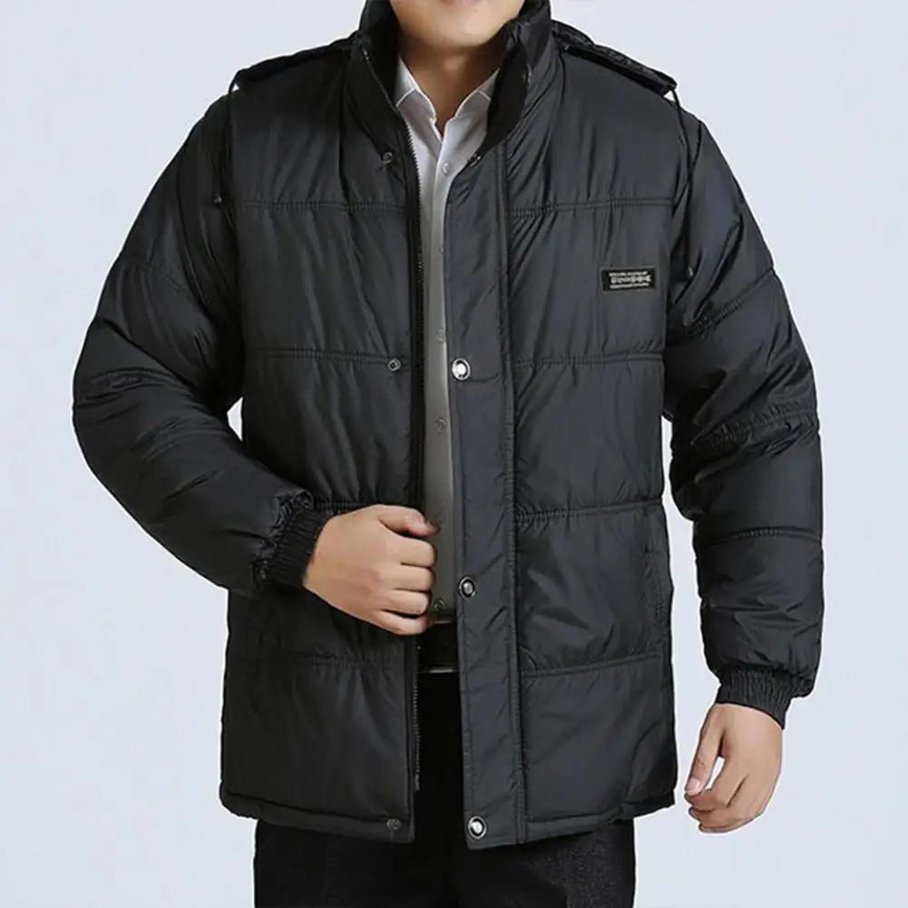 

Men Coat Cotton Padded Long Sleeve Plush Lining Single Breasted Keep Warm Plus Size Drawstring Hood Formal Jacket Coat