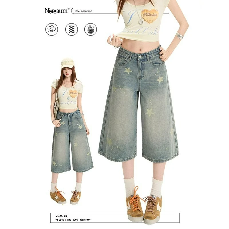 

Korean Summer Wide Leg High Waist Denim Shorts Women Fashion Pocket Y2K Pant Streetwear Casual Cowboy Jeans Retro Capri Trouser