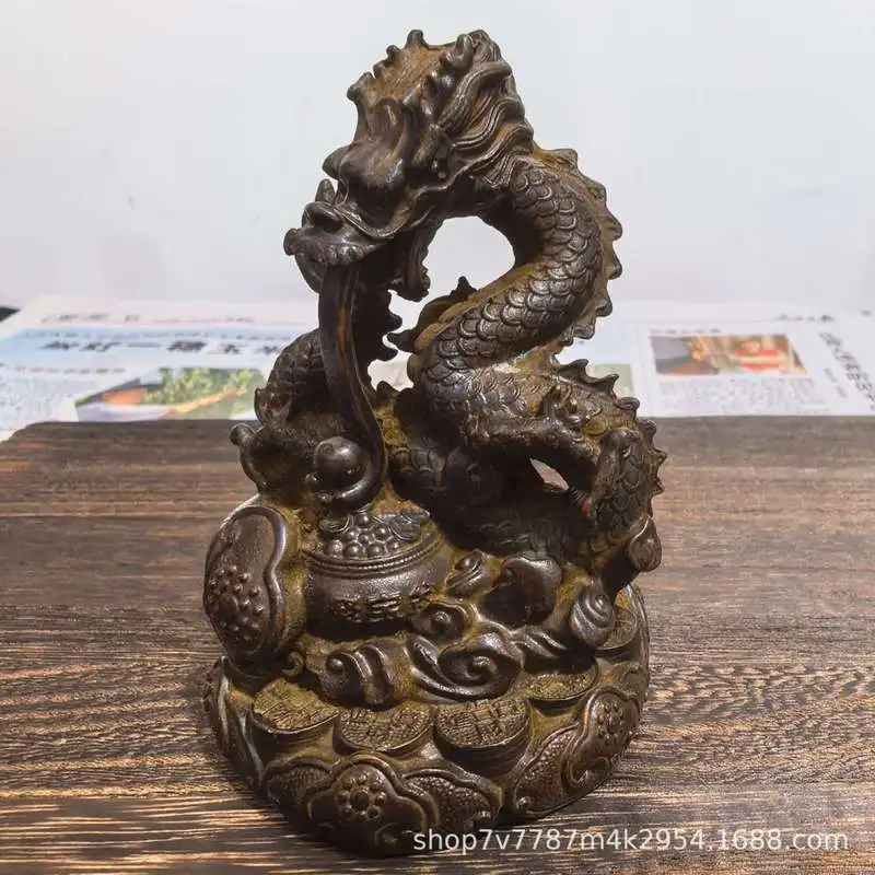 Brass craft with aged patina, lotus and dragon zodiac design, home decoration ornament