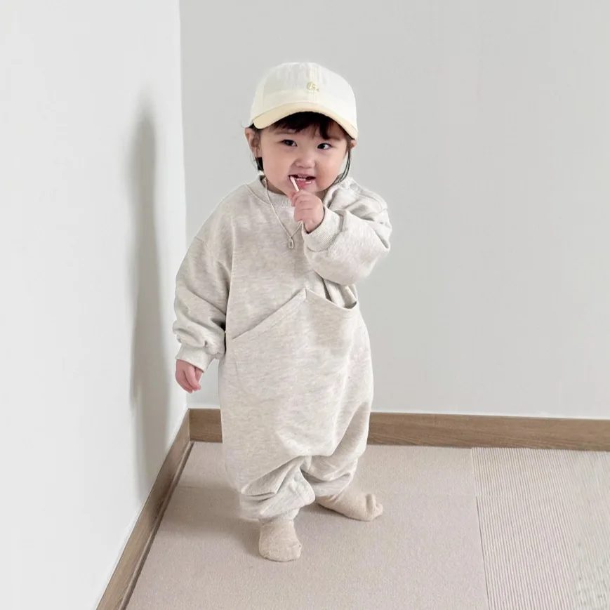 

Newborn Clothes Spring Autumn A-level Boys and Girls Solid Large Pocket Long Style Rompers Outerwear Baby Jumpsuit