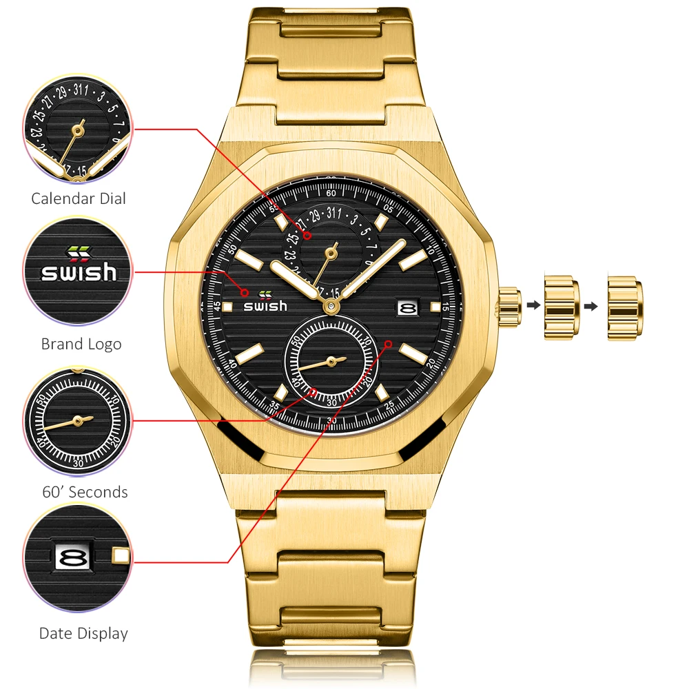 SWISH Watch for Men Quartz Wristwatch Calendar Luxury Top Brand Stainless Steel Gold Clock Gift Relogio Masculino Waterproof