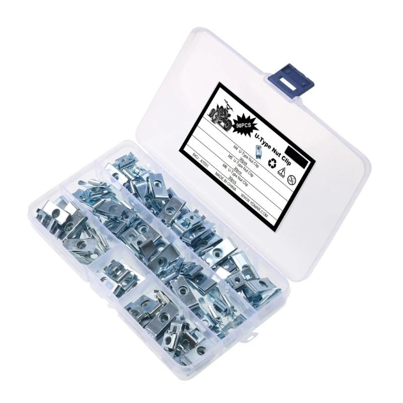 

28GF 90pcs Zinc Alloy U Shaped Clamping Nut Multiple Size M4M5M6M8 Thread Fastener Set for Vehicle Trim Panel Maintenance