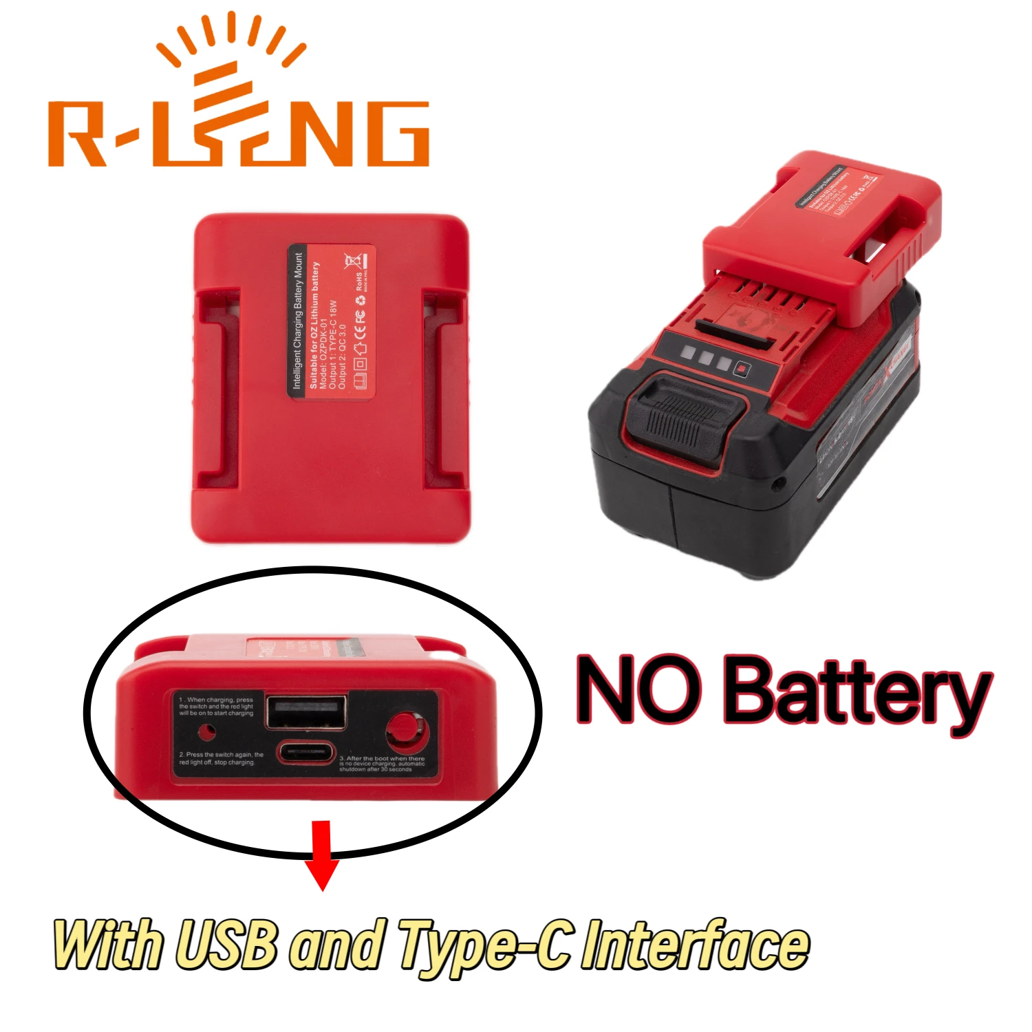 Power Bank For OZITO 18V Lithium Battery W/USB Type-C Output Holder Fast Charging Portable Mobile Power Bank (NO Battery)