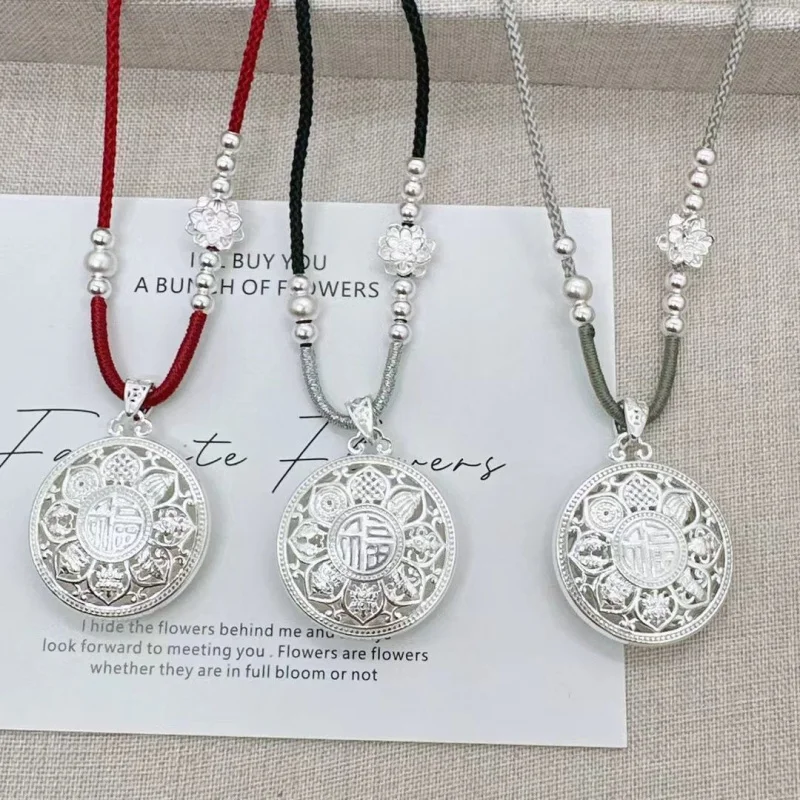 

999 Eight Treasures Necklace Silver Men And Women Fortune Character Lucky Hollow Pendant