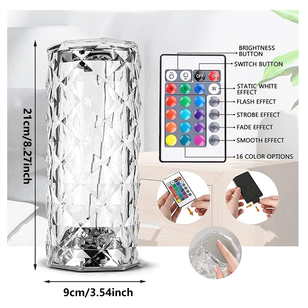 SH 16-Color Led Crystal Wind Rose Night Light Lamp Table Touch USB For Adjusting Scene Atmosphere Suitable Christmas Decoration