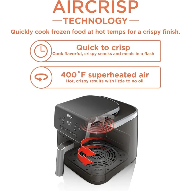 4-in-1 with 5 QT Capacity, Air Fry, Roast, Reheat, Dehydrate, with 400F for hot, Nonstick Basket & Crisper Plate, Grey