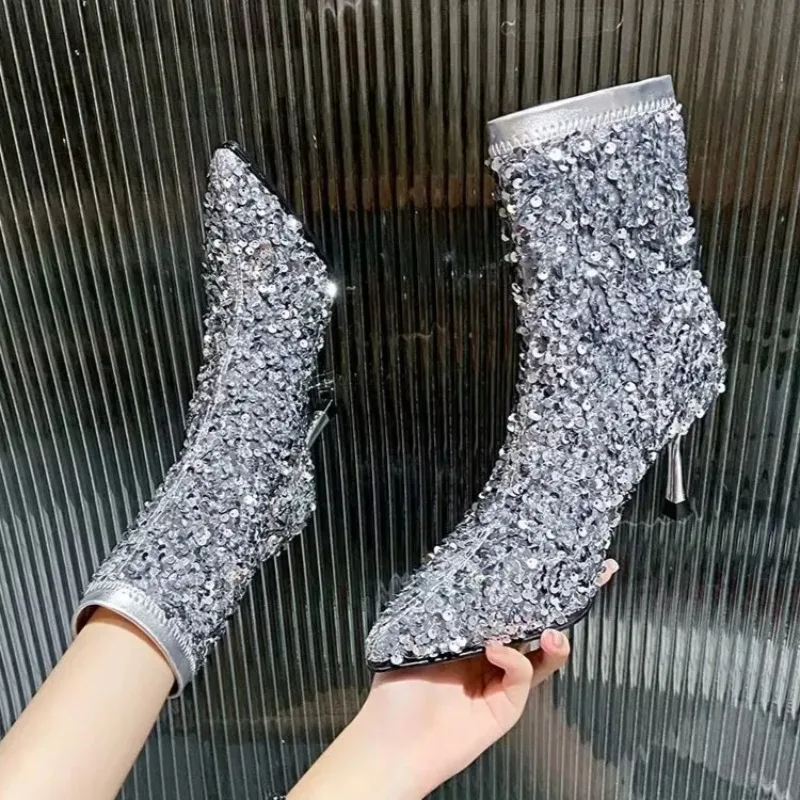 Luxury Glitter Ankle Boots Women High Heel Bling Sexy Pointed Toe Shoes Woman 2024 Trend Elegant Party Dress Chelsea Botas Mujer