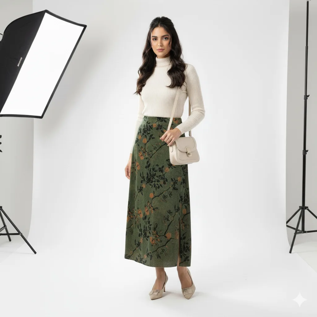 

European and American Autumn and Winter New Printed Velvet Slit Skirt Elastic Waist Skirt