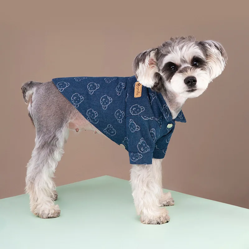 Autumn Winter Dog Denim Shirt Fashion Dog Warm Clothes Bear Print Dog Jean Vest Chihuahua Bichon Pet Clothing Puppy Costume