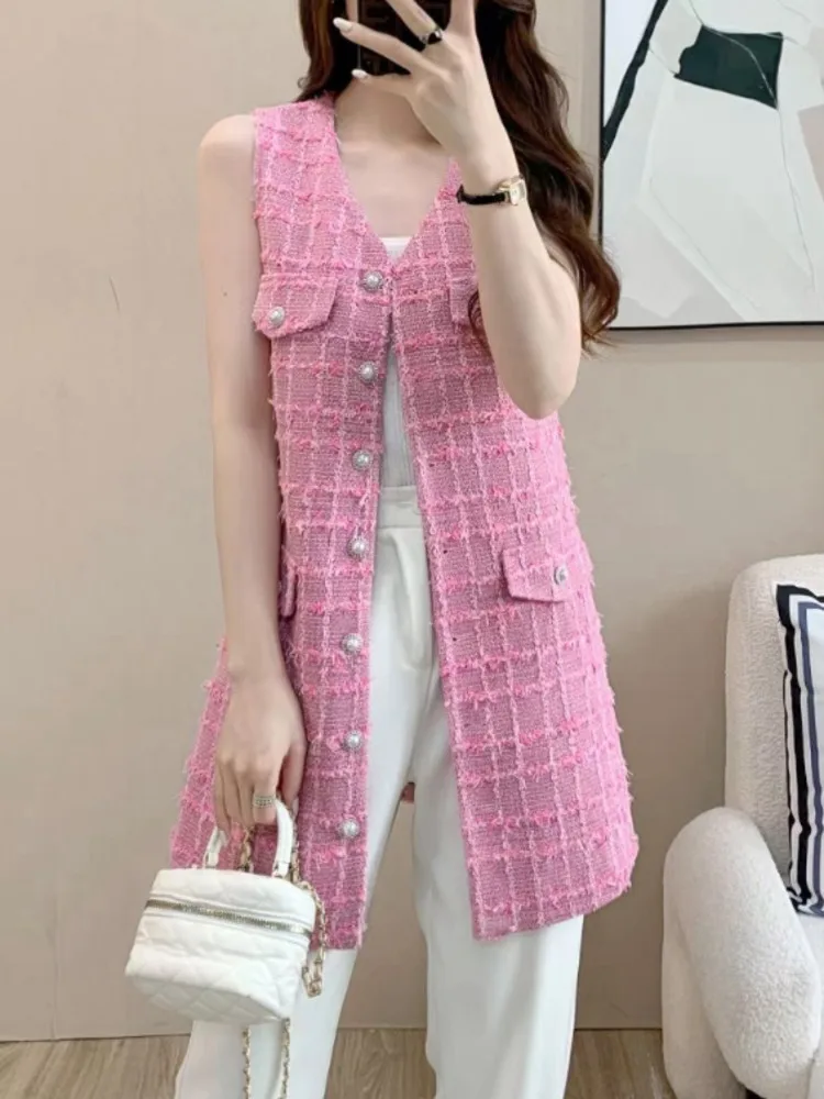 V-neck Small Fragrance Simple Sleeveless Women Dress Fashion Simple White Pink Sweet French Elegant Tweed Mini Vest Dress Female