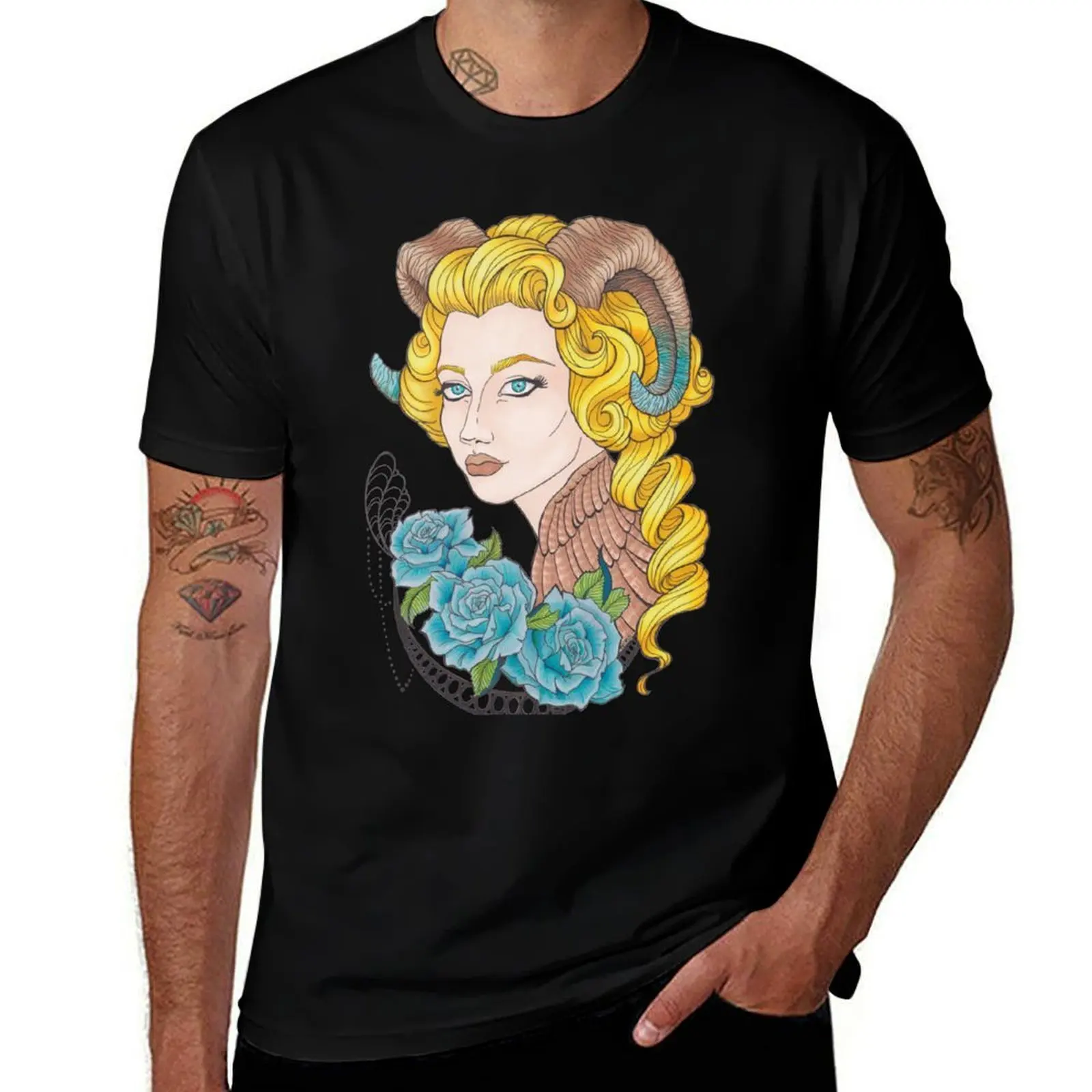 Girl horns, blue roses T-Shirt Basic Regular Fit Casual T-Shirt