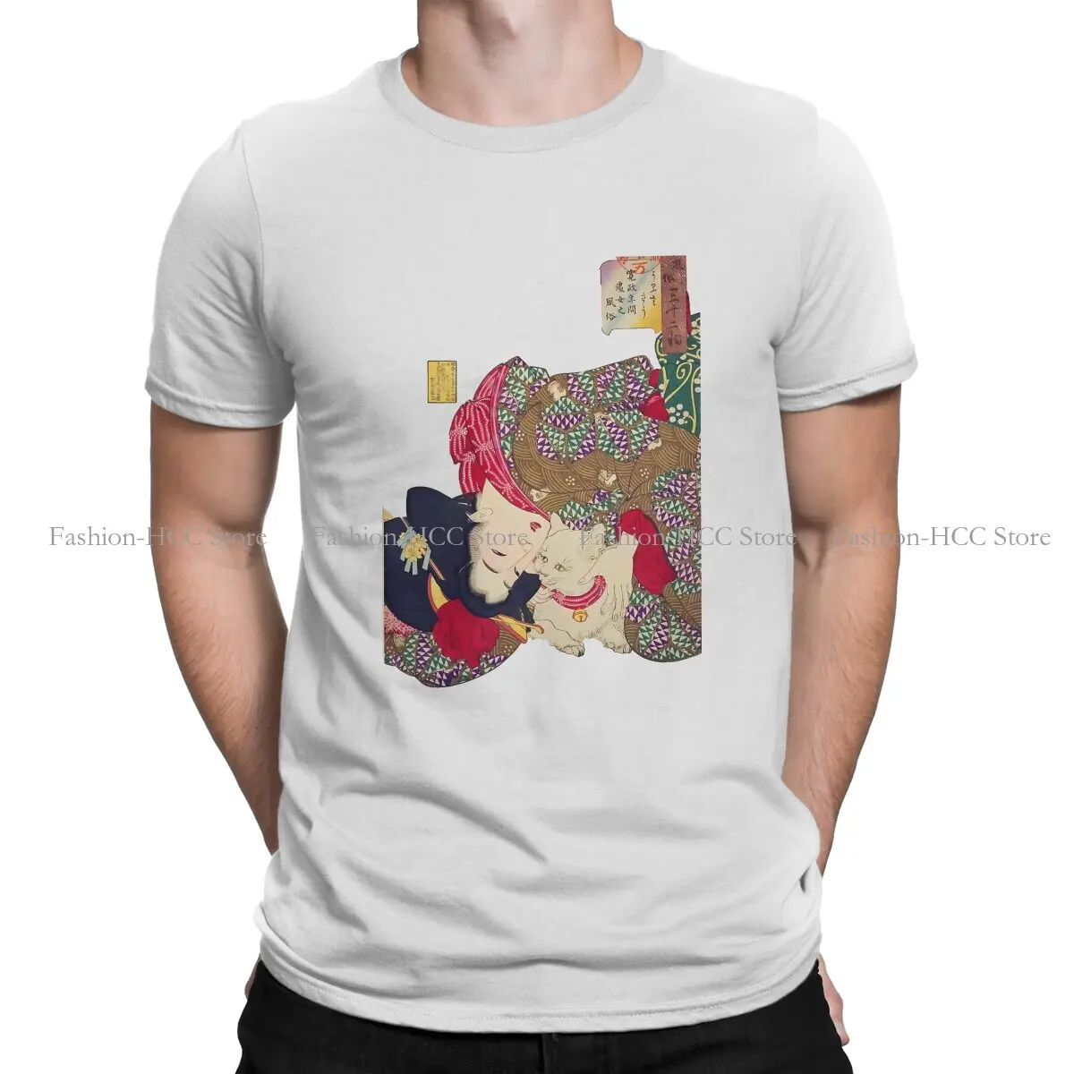 LOOKING TIRESOME WOMAN WITH CAT Newest Polyester TShirts Ukiyoe Japanese Art Male Style Streetwear T Shirt O Neck