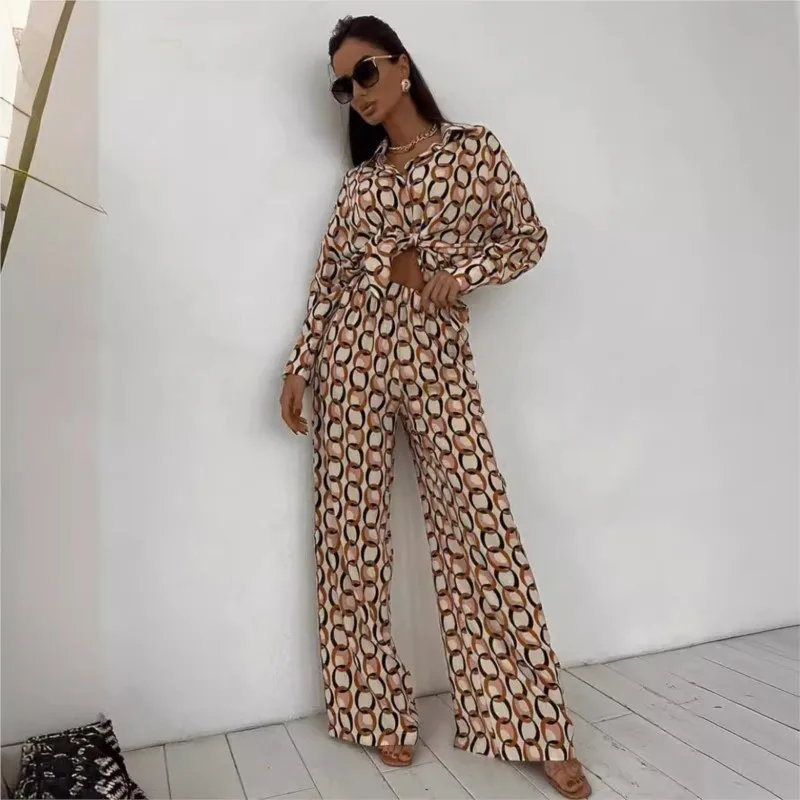 Printed Shirt Pants Suit Women\'s Loose Lapel Single-button Top Suit 2024 Spring New Women\'s Casual Shirt Suit