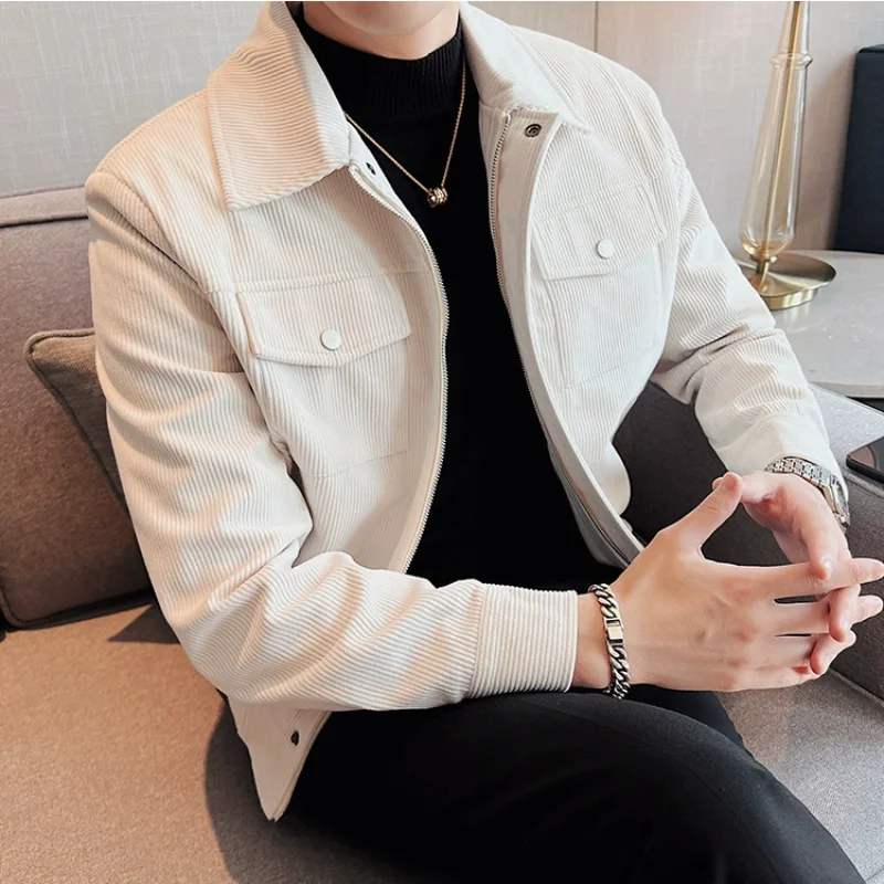 2023 Autumn Winter New Thicke Corduroy Jacket Fashion Men Lapel Short Coats Male Multiple Pockets Business Social Overcoat