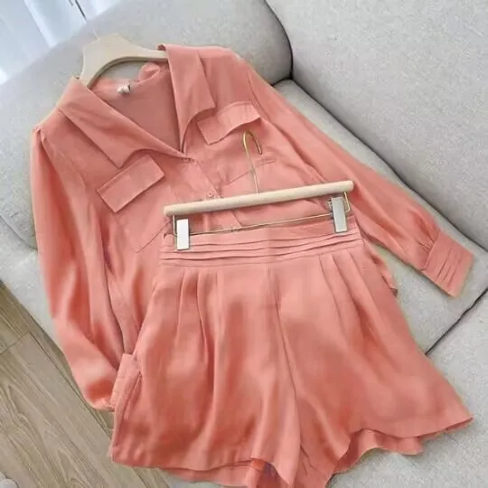 Spring Summer Solid Color Short Set Women Simple Casual Style Long Sleeve Shirts Shorts Two Piece Sets Temperament Lady Clothing