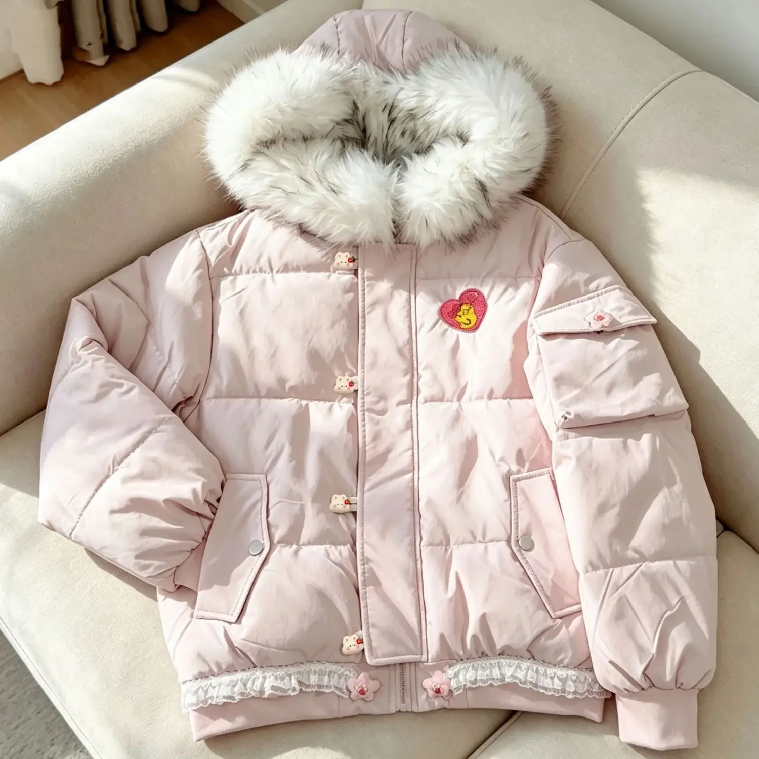 2026 New Cute Girl Thickened Loose Warm Coat Windbreaker Y2k Top Sweet Girl Detachable Fur Collar Hooded Winter Coat Women