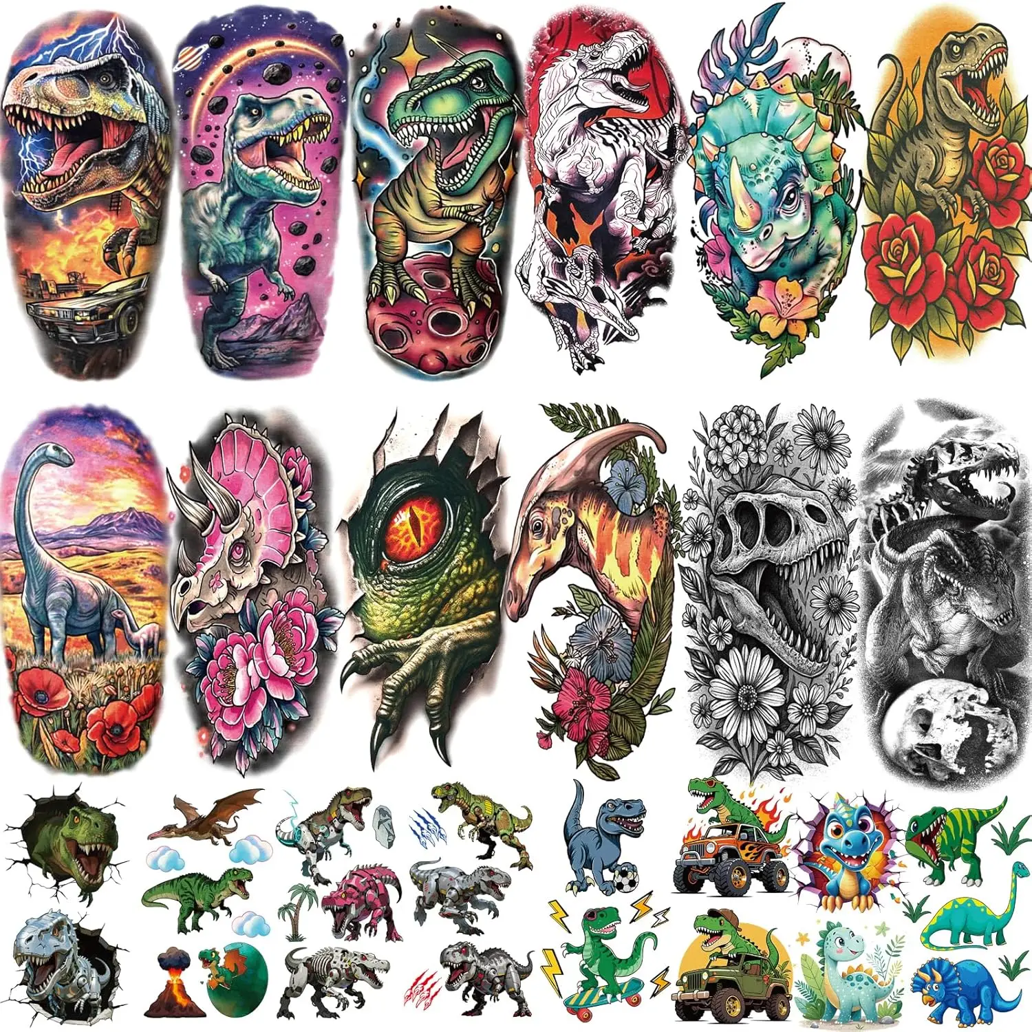 

77 Sheets Dinosaur Temporary Tattoos for Kids Adults, Large Triceratops T-Rex Skull Raptor Claw Fake Tattoos, Birthday Party Favors