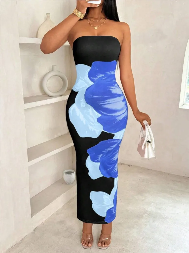 

Women's Elegant Fashionable Floral Print Long Dresses New Summer Sexy Slim Fit Chest Wrapped Off Shoulder Casual Party Dress