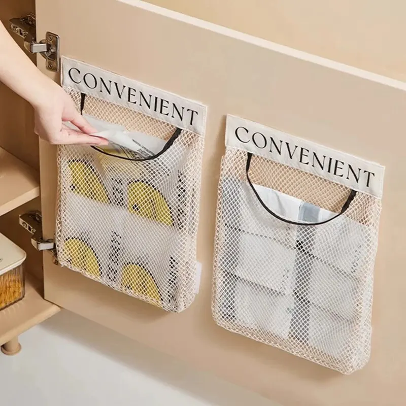 1pc Hanging Storage Mesh Bags Kitchen Garbage Bag Storage Tools Wall-mounted Large-capacity Storage Bag Packaging Plastic Bag