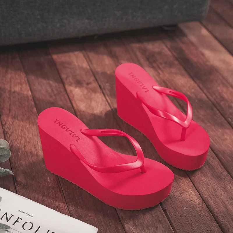 High Heels Slippers Womens 2026 Summer Thick Soled Flip Flops Beach Shoes Wedge Heels Flip Flops Sponge Shoe Candy Colored Shoes