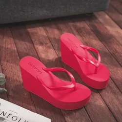 High Heels Slippers Womens 2026 Summer Thick Soled Flip Flops Beach Shoes Wedge Heels Flip Flops Sponge Shoe Candy Colored Shoes