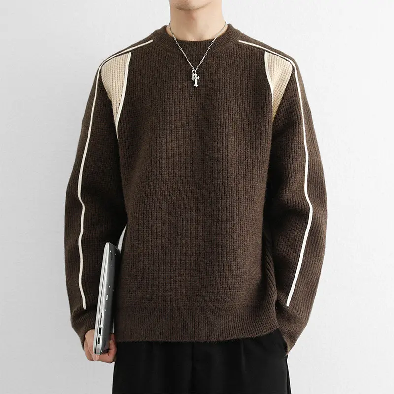 

Мужской повседневный вязаный свитер с длинным рукавом и круглым вырезом, свободного кроя, в стиле колор-блок, удобный базовый элемент гардероба, модная куртка