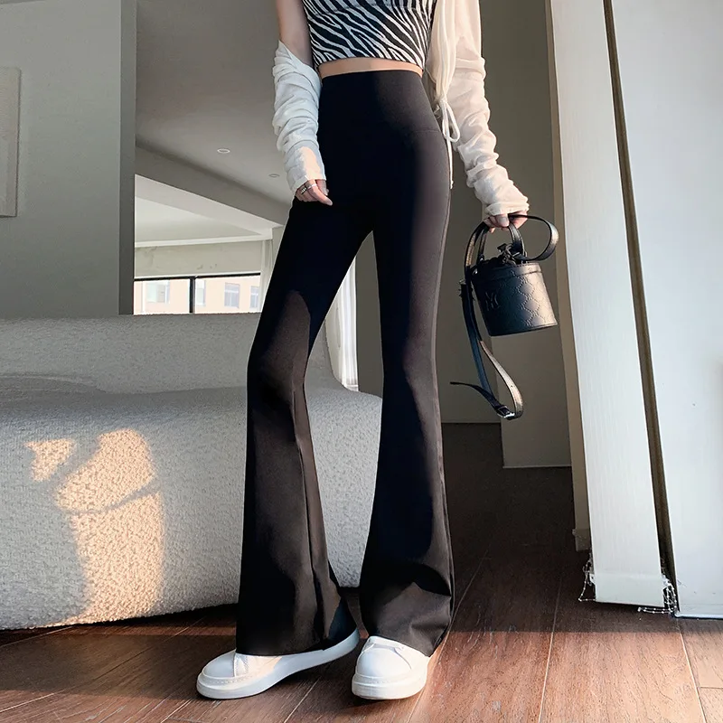 Pantalones elásticos micro acampanados para mujer, cintura alta, adelgazantes, corte pequeño, drapeado fluido negro, estilo botas de montar a caballo