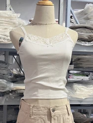 Lace Patchwork Knitted White Tank Tops Women Sweet Cute Sleeveless Cotton Slim Sexy Crop Top Summer Vintage Y2k Vest Clothes