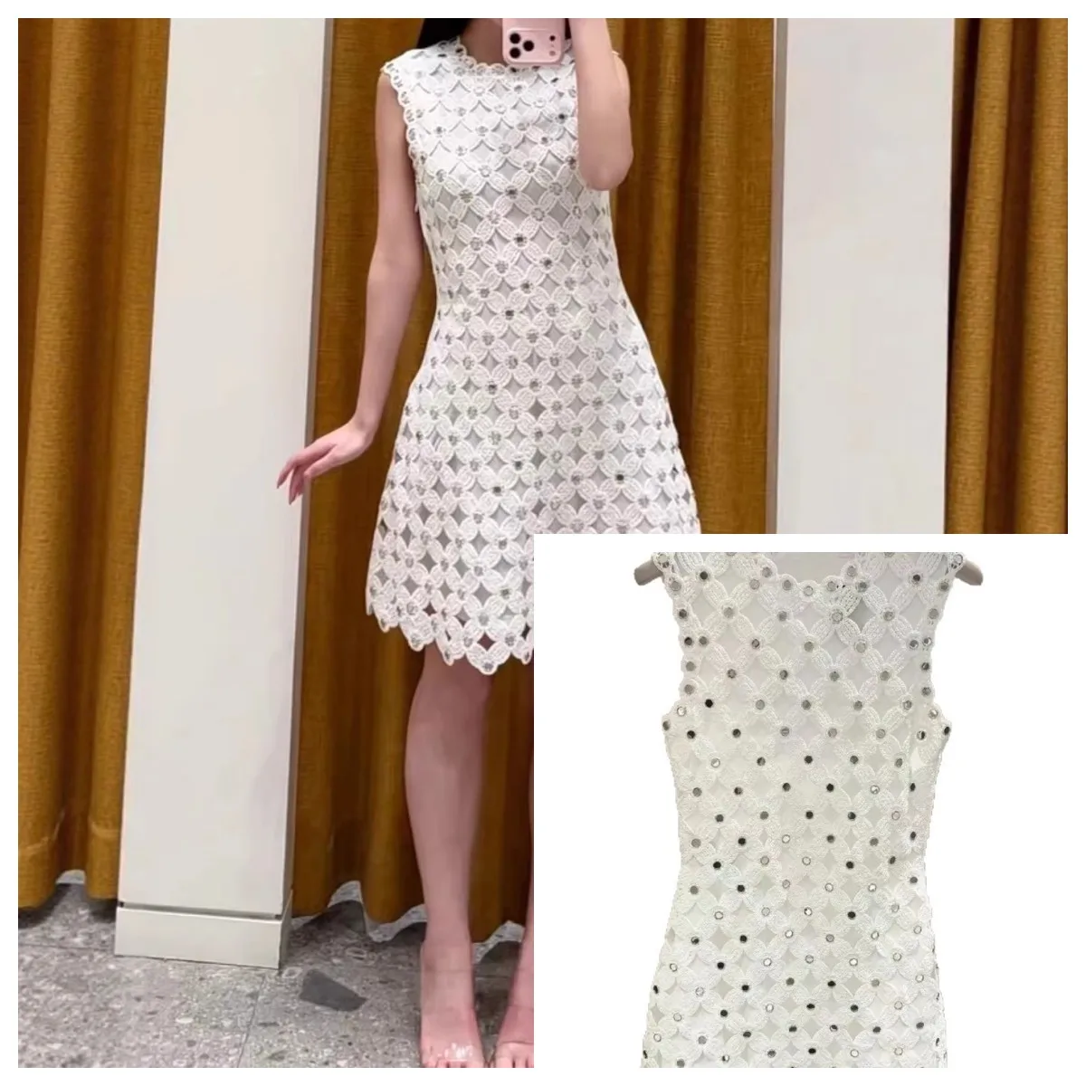 

Backless Women White Dress Rivet Decoration Hollow Out Flower Embroidery Round Neck Lady Sleeveless Mini Robe
