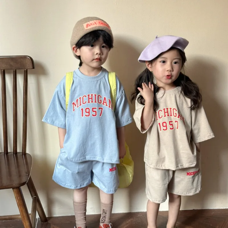 Summer Child Family Sports Sets Boy Girl Blue Apricot Letter Drop Shoulder Short Sleeve Loose T-shirt+Shorts Baby Clothes H83695