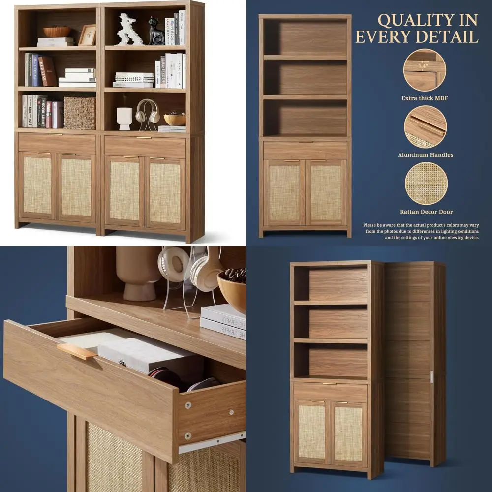 

5-Tier Rattan Bookcase with Cabinet, Weathered Oak Finish, Ideal for Living Room