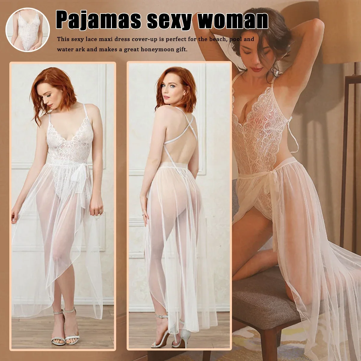 Donne calde sexy pizzo manica lunga pavimento lunghezza abito pigiama babydoll lingerie di pizzo donne vestaglia camicia da notte lingerie pizzo bellissimo