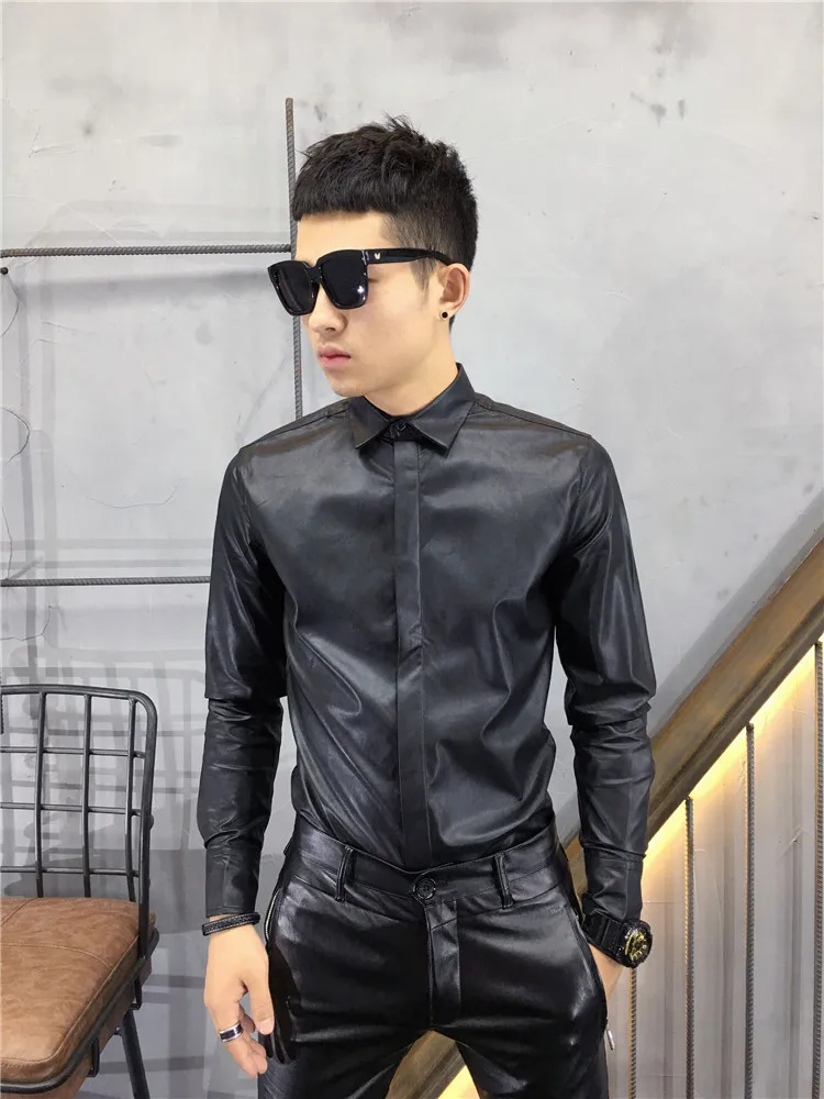 S-6XL 2024 New Men\'s Clothing Hair Stylist GD High Quality PU Fashion Slim Leather Shirt PLUS SIZE Singer Costumes